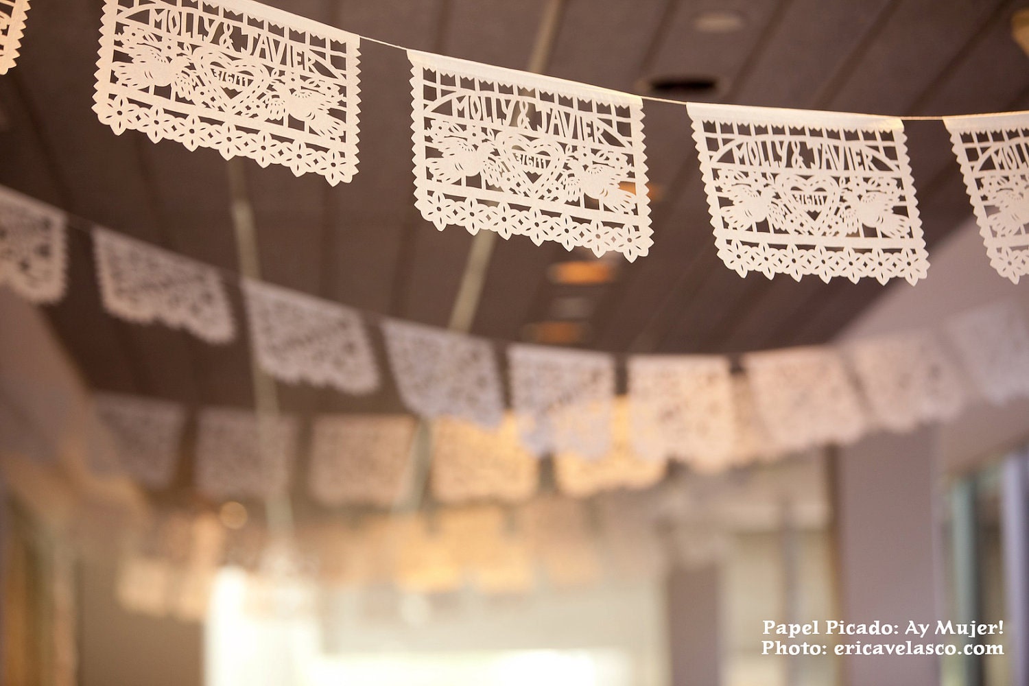 Mexican wedding banners . DOS PALOMAS (3-Pack) Custom Names, Color Papel Picado