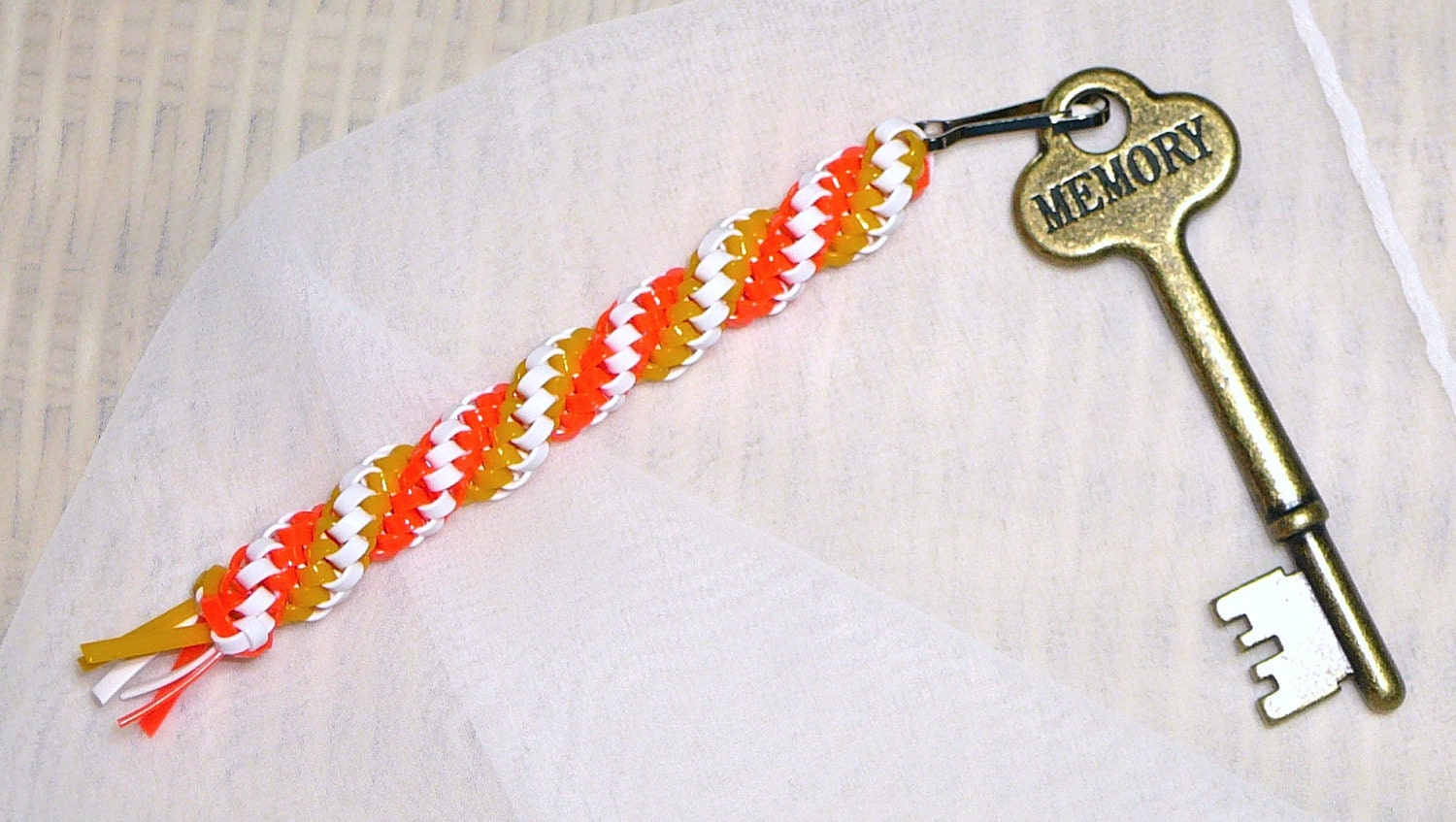 Candy Corn orange, white, and yellow gimp lanyard keychain
