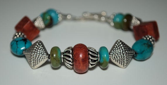 Classic Coral and Turquoise Bracelet by MixedMediaDesigns1