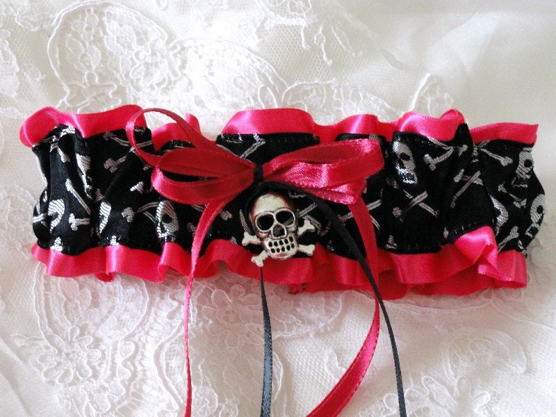 Black and White Skull-Crossbones on Shocking Hot Pink Satin Garter