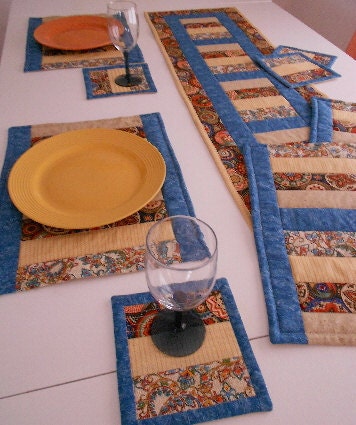 Quilted Table Runner Set -  Blue, Orange, Gold, Sand -  Handmade by Sew Fun Quilts