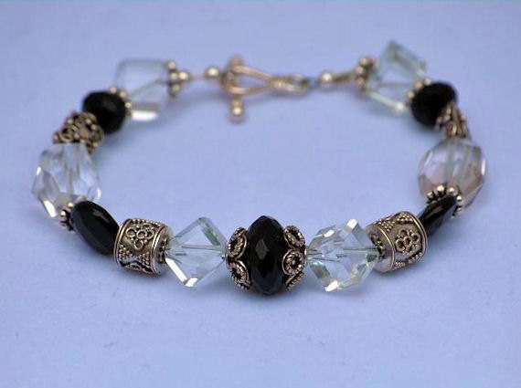Clearly Black and Silver: Onyx, Quartz ans Sterling Silver Bracelet by MixedMediaDesigns1