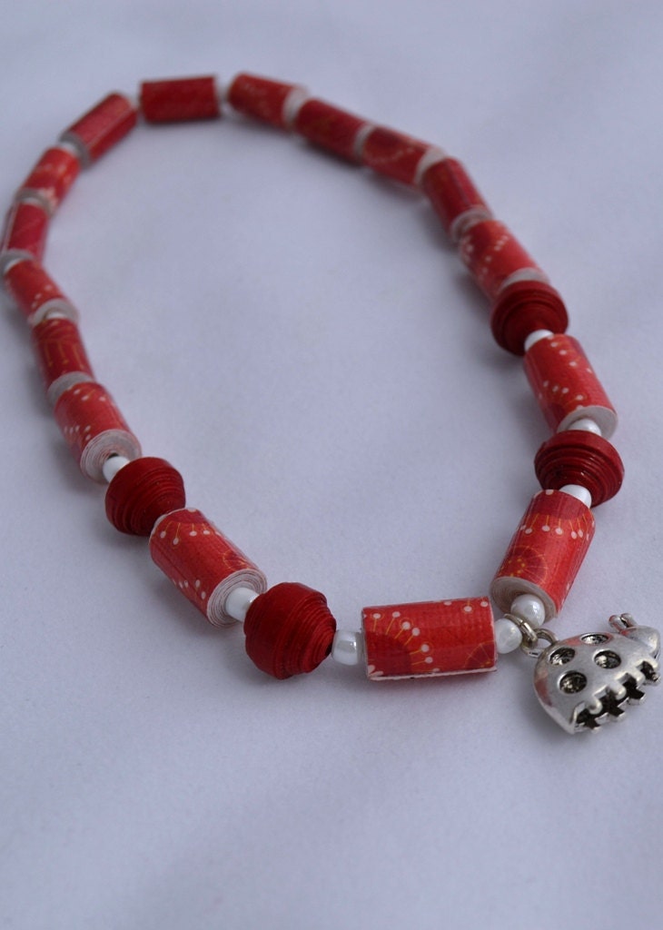 Paper Bead Little Girl's Necklace with Sterling Silver---Ladybug Charm