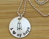 Hand stamped sterling silver Rocket necklace for Moms of Boys by tagyoureitjewelry on Etsy