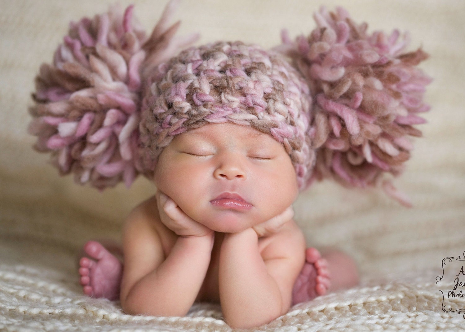 Newborn Baby Girl Hat Chunky Pink Cream Ivory Off White Beige Brown Crochet Knit Infant Double Pom Pom Beanie Photography Prop