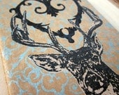 Gocco Screenprint Moleskine Journal - Filigree Heart Deer - Sky Blue - Limited Edition -