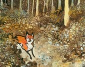 Fox in Forest: Appearance, Open Edition Print, Matted in Dark Green