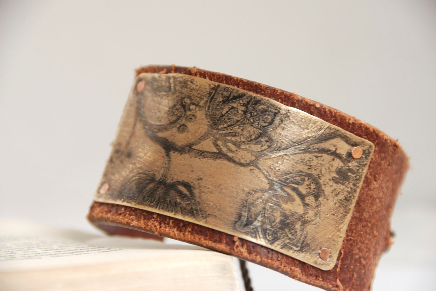 Flowering Garden Bracelet Brass Etched and Oxidized With Handmade Rivets on Upcycled Leather Belt Cuff