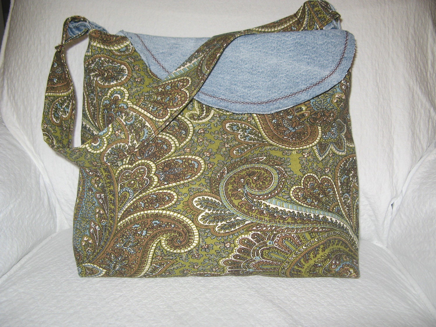 Tote Market Vintage Denim Carryall Paisley Brown Olive Upcycled Lining