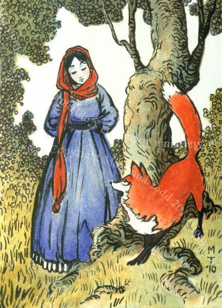 Lady and the Fox, Open Edition Print, Matted in Moss Green