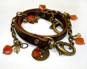 Leather and Tangerine Quartz, Coffee Quartz Bead Wrap Bracelet with Vintage Transit Token