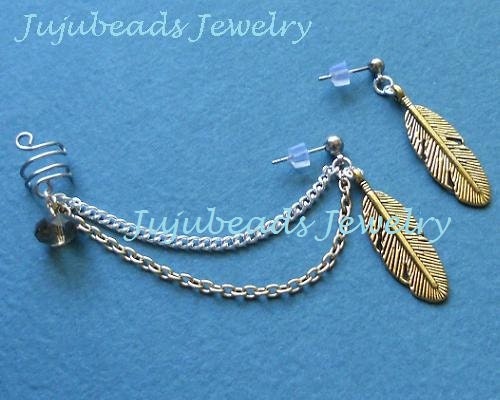 Gold and Silver feather wire wrap ear cuff