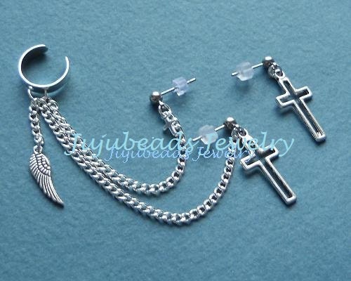 Double Ear Cuff Set Silver Chain Crosses n Feather