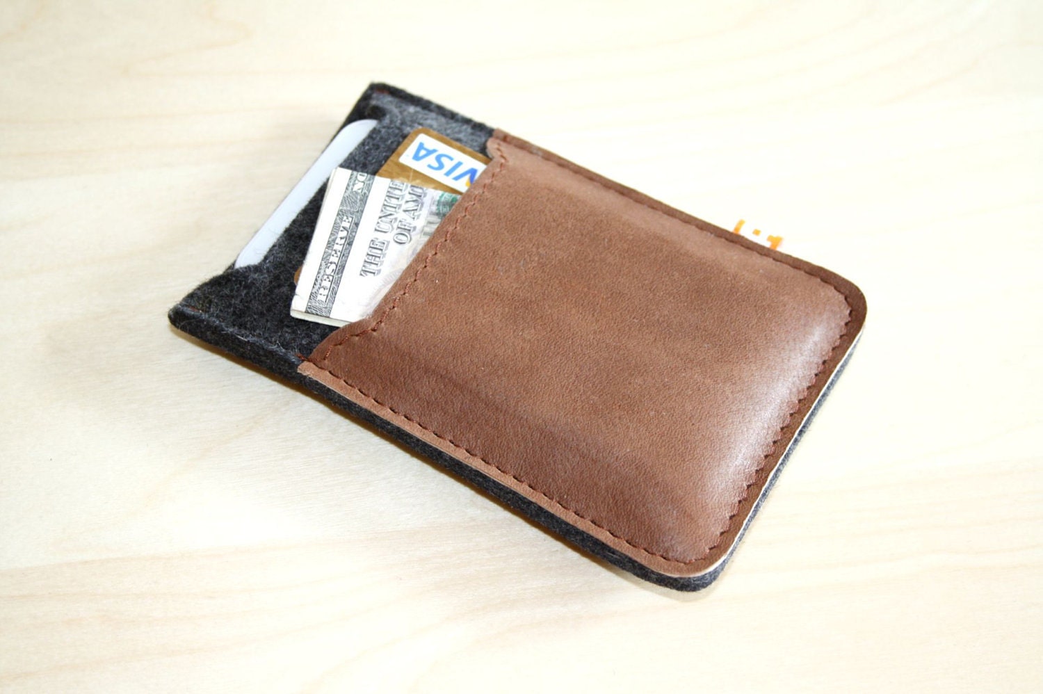 iPhone 4 Case Wallet (Marpole) - Anthracite Wool Felt with Brown Leather