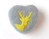 Felted Soap Grey Heart with Yellow/Green Deer ( Sage and Lemongrass )