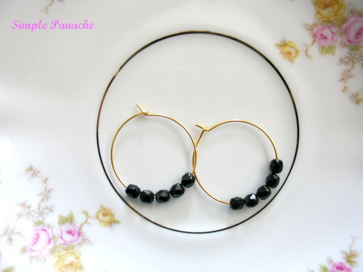 Lola Earrings-Black Glass Czech Beaded-1 inch- 14k GP hoops