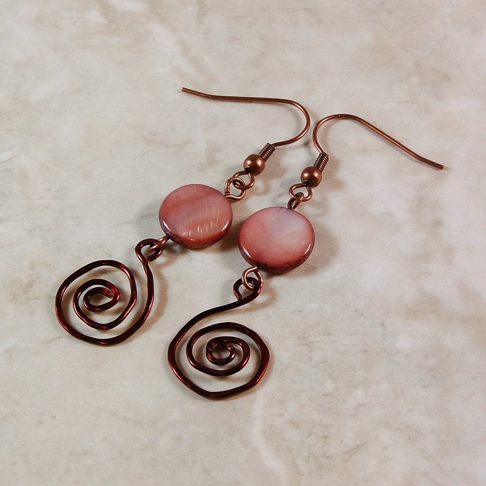 Earrings,Amethyst, Pink Shell Beads, Chocolate Colored Copper Wire