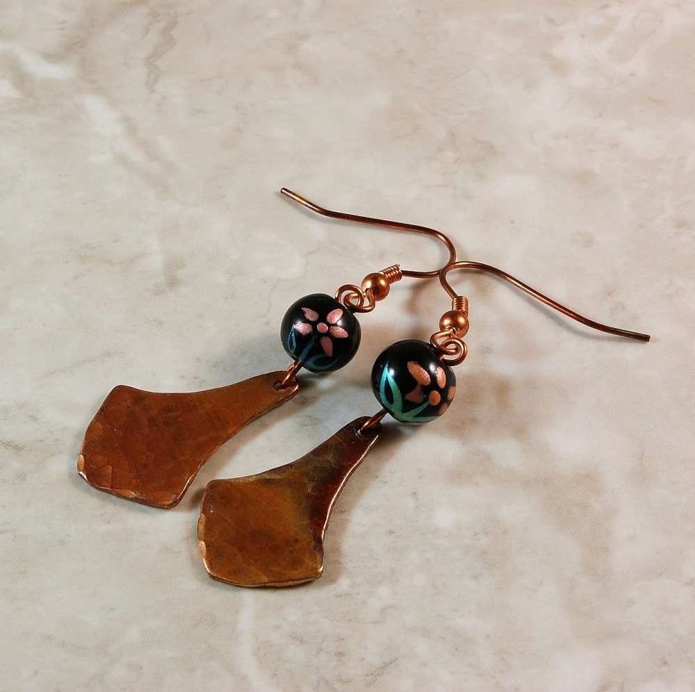 Earrings, Hammered Copper, Hand Painted Black Bead