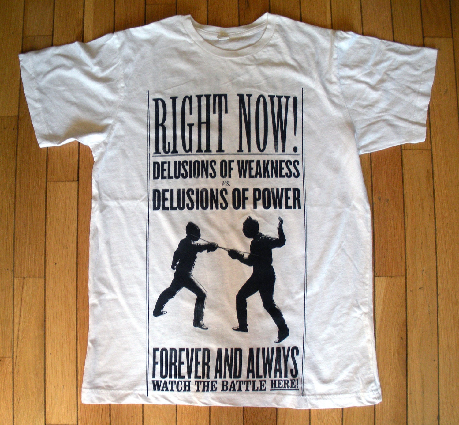 White Tee with black silkscreen image SIZE MEDIUM