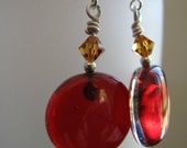 Transparent Red Fused Glass Earrings with Amber Swarkovski Crystals