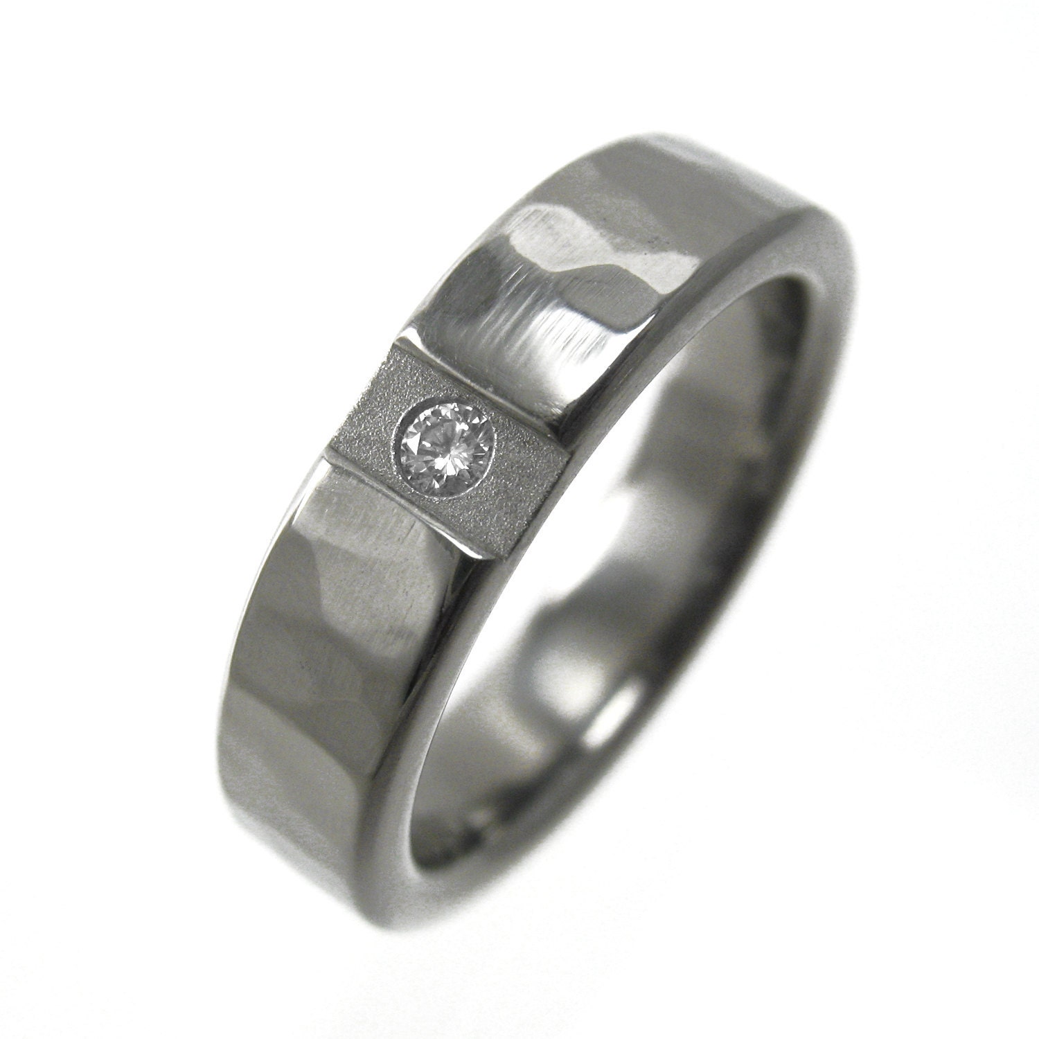 Diamond Wedding Band Titanium Mirrored Hammered