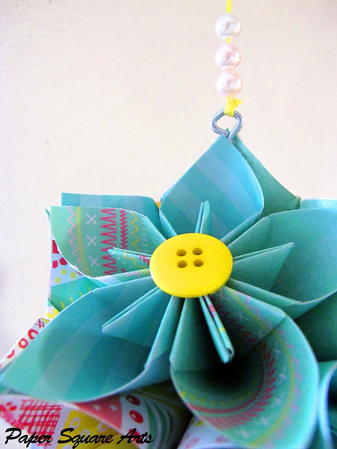 Turquoise Flower Pomander Hanging Decoration Paper Flower Ball Origami style with yellow buttons