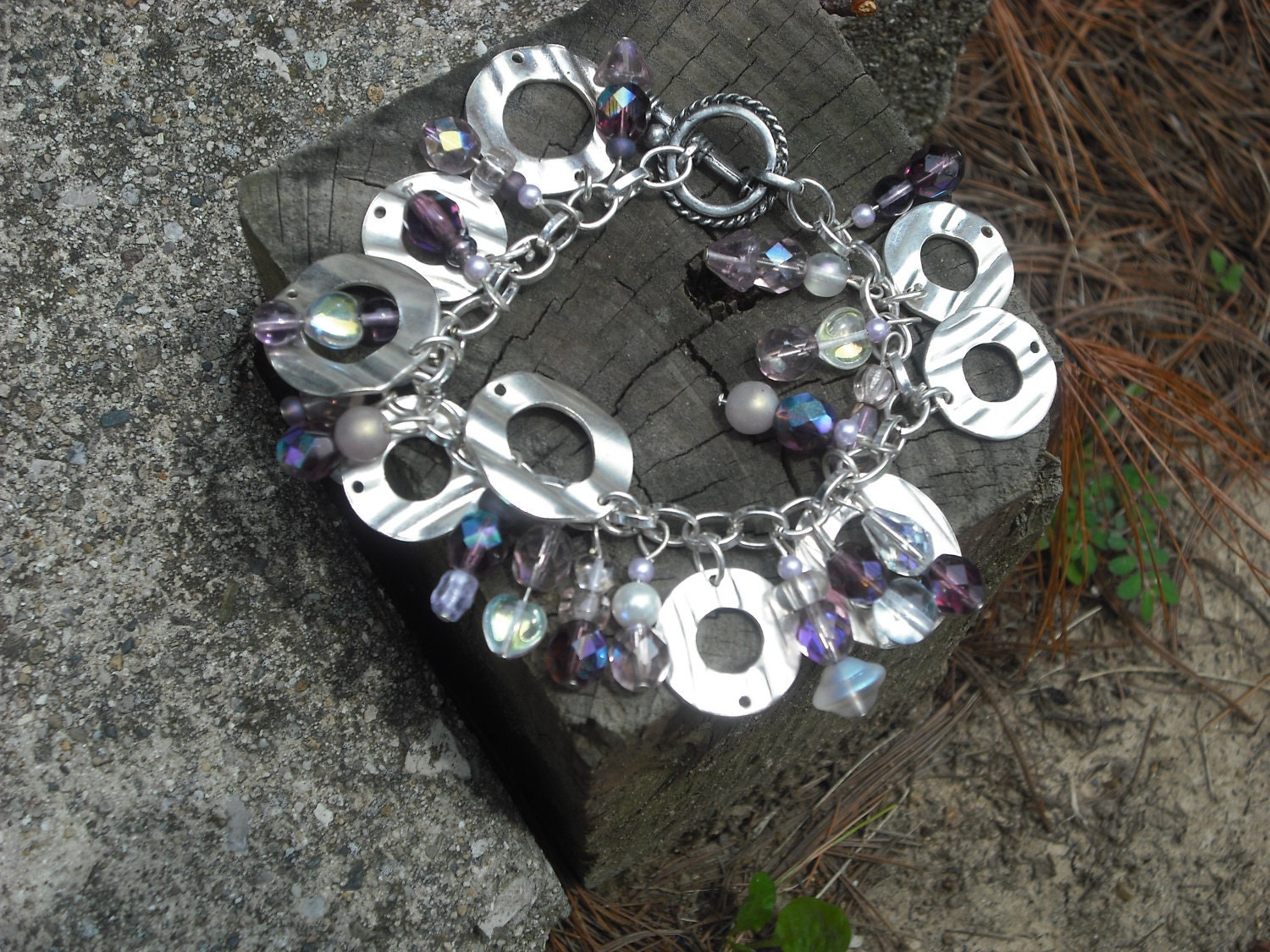 Beautiful Purple Charm Bracelet with Silver Pendants and Purple Crystal Beads