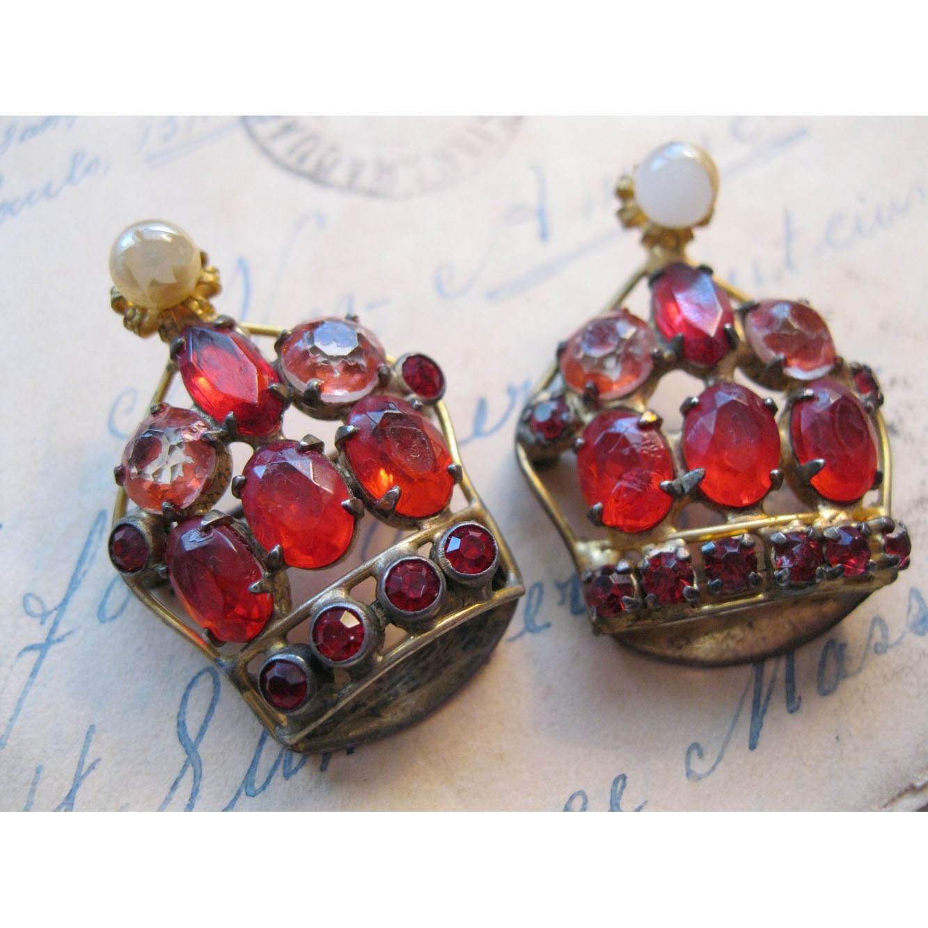 SALE - 2 vintage CROWN brooches - a FABULOUS pair - red stones, each slightly different, so unique