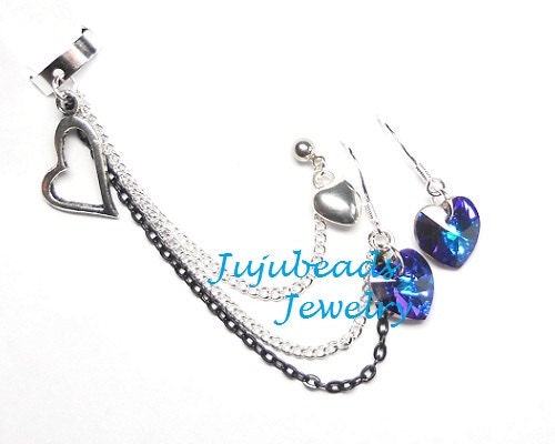 Swarovski Hearts Sterling hooks Double Piercing Ear Cuff Set