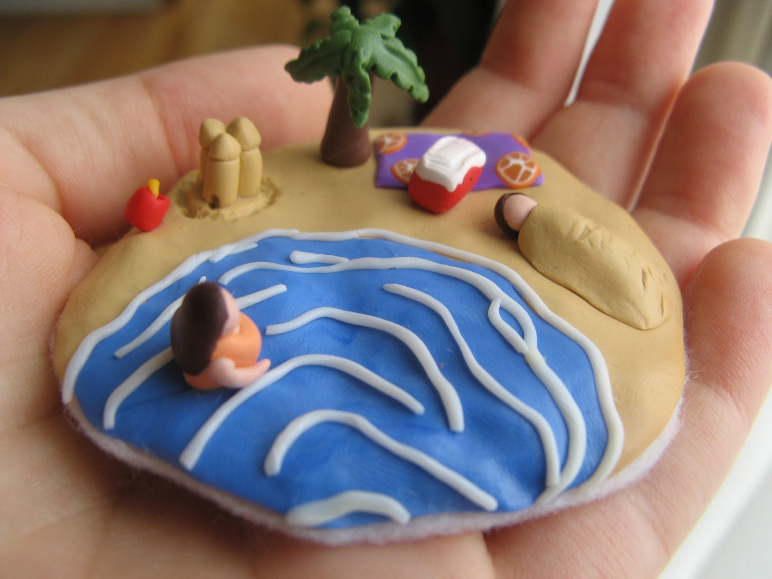 Miniature Beach Scene Cute Swimmer Sand Castle Waves Fun Polymer Clay