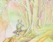 Floutist in Forest, Open Edition Print, Matted in Light Brown, 11 x 14 inches