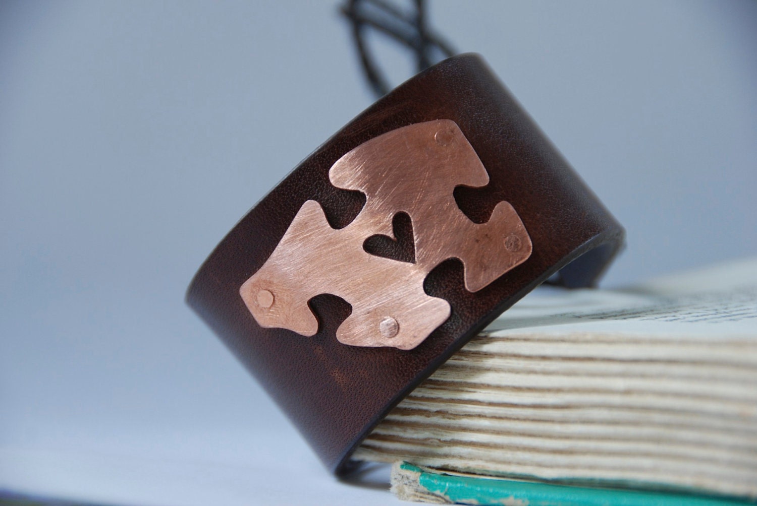 My Better Half Copper Puzzle Piece with Handpierced Heart Upcycled Leather Braclet Mothers Day Gift
