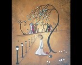 Original  Whimsical Art Canvas Painting --Street Lamps - Hedgehog - Owl --  Village Lights -- Clearance SALE