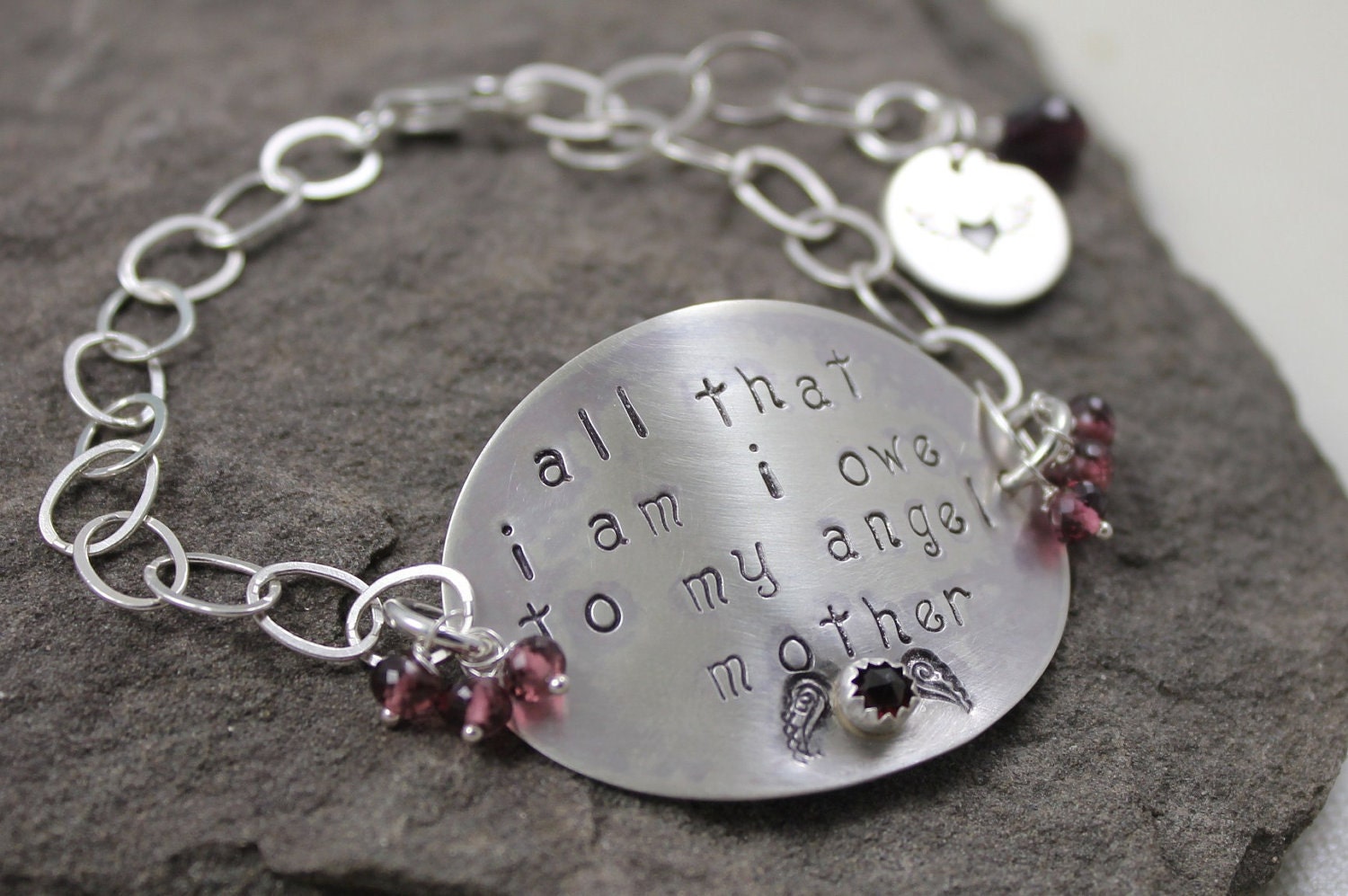 All That I Am -Sterling Silver And Garnet Hand Stamped Bracelet