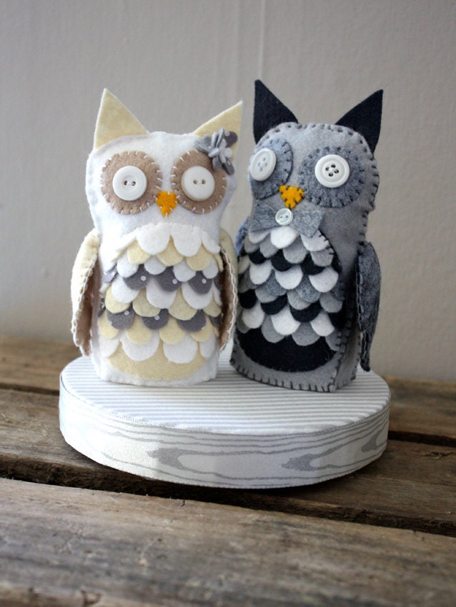 Owl Couple Cake Topper gray and white