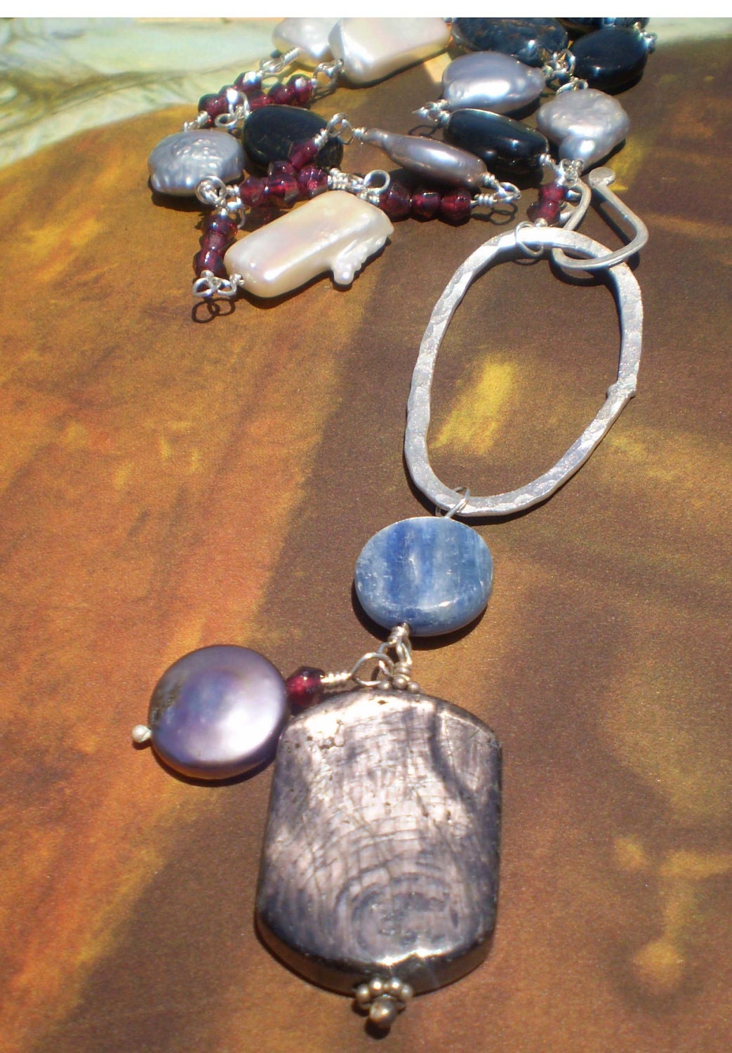 Hammered sterling and satiny semiprecious stones