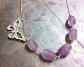 Free Form Faceted Amethyst Nuggets and Silver Butterfly Necklace, Butterfly Baby