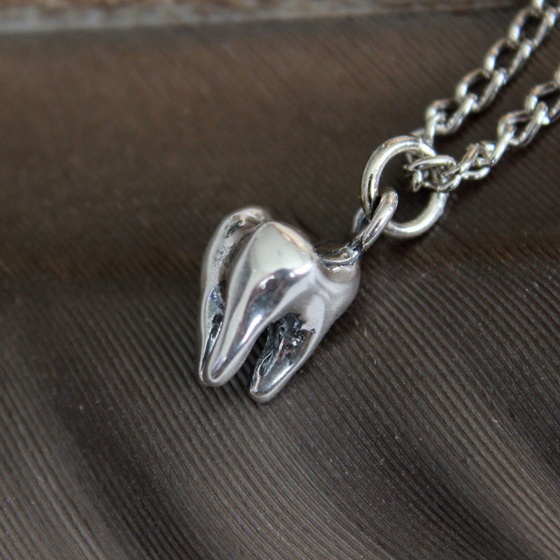 Tiny Sterling Silver Three Root Human Molar Tooth Necklace
