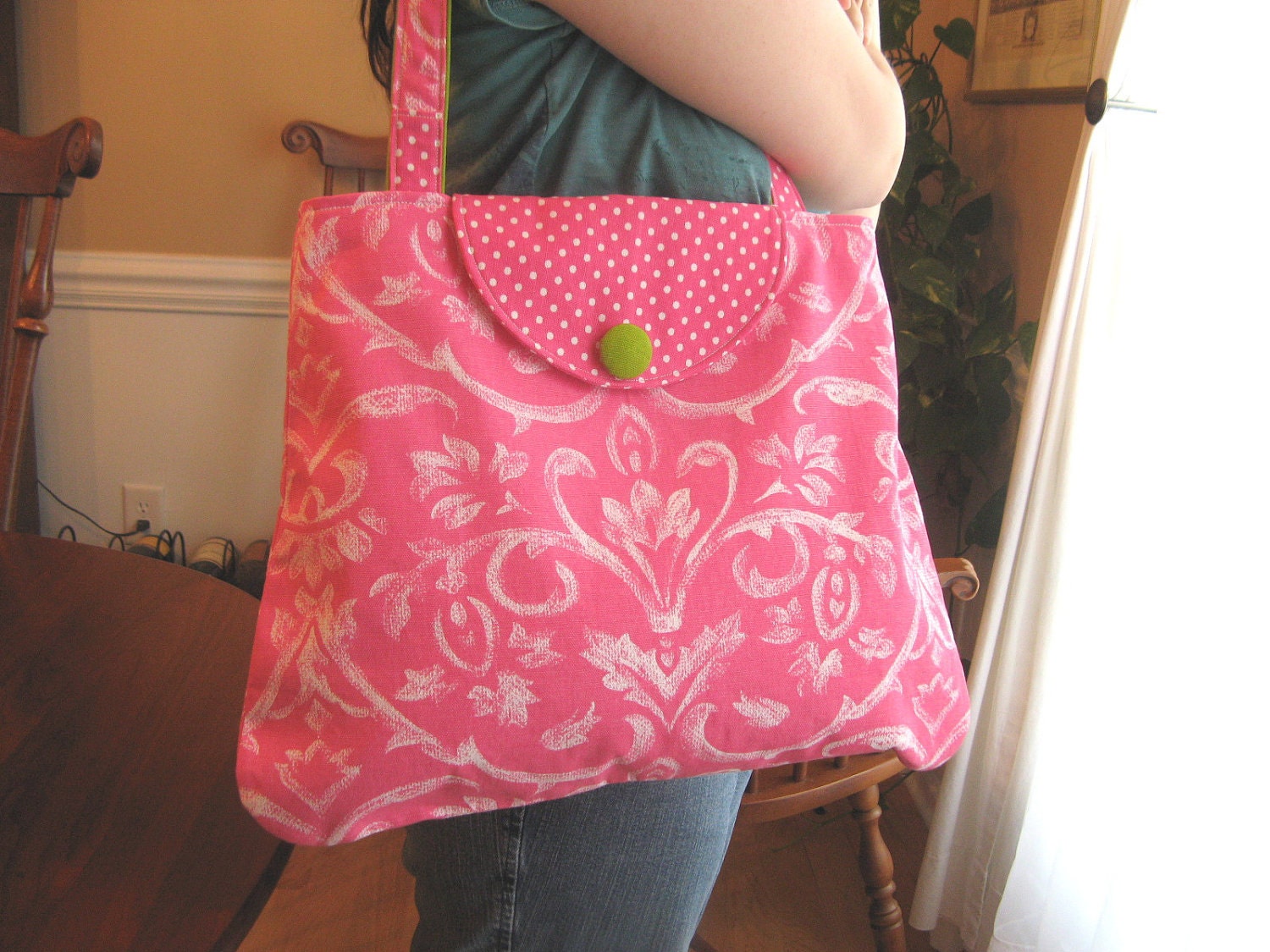 Tote Purse Market Carryall Bag Large Pink White Lime Dots Bright