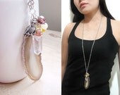 Long Pendant Necklace, Agate slice, Mixed stones OOAK