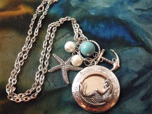 Mermaid Locket Necklace Silver Plated with Pearls and Turquoise - agothshop