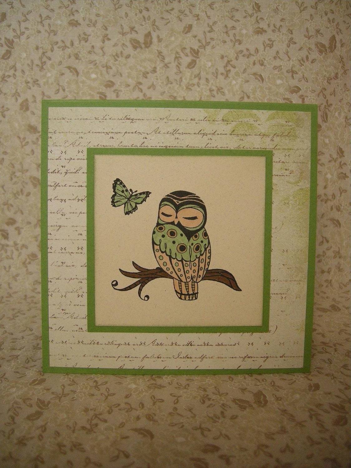 Owl With a Butterfly - Blank Card, green, nature, woodland, sleepy, branch, wilderness