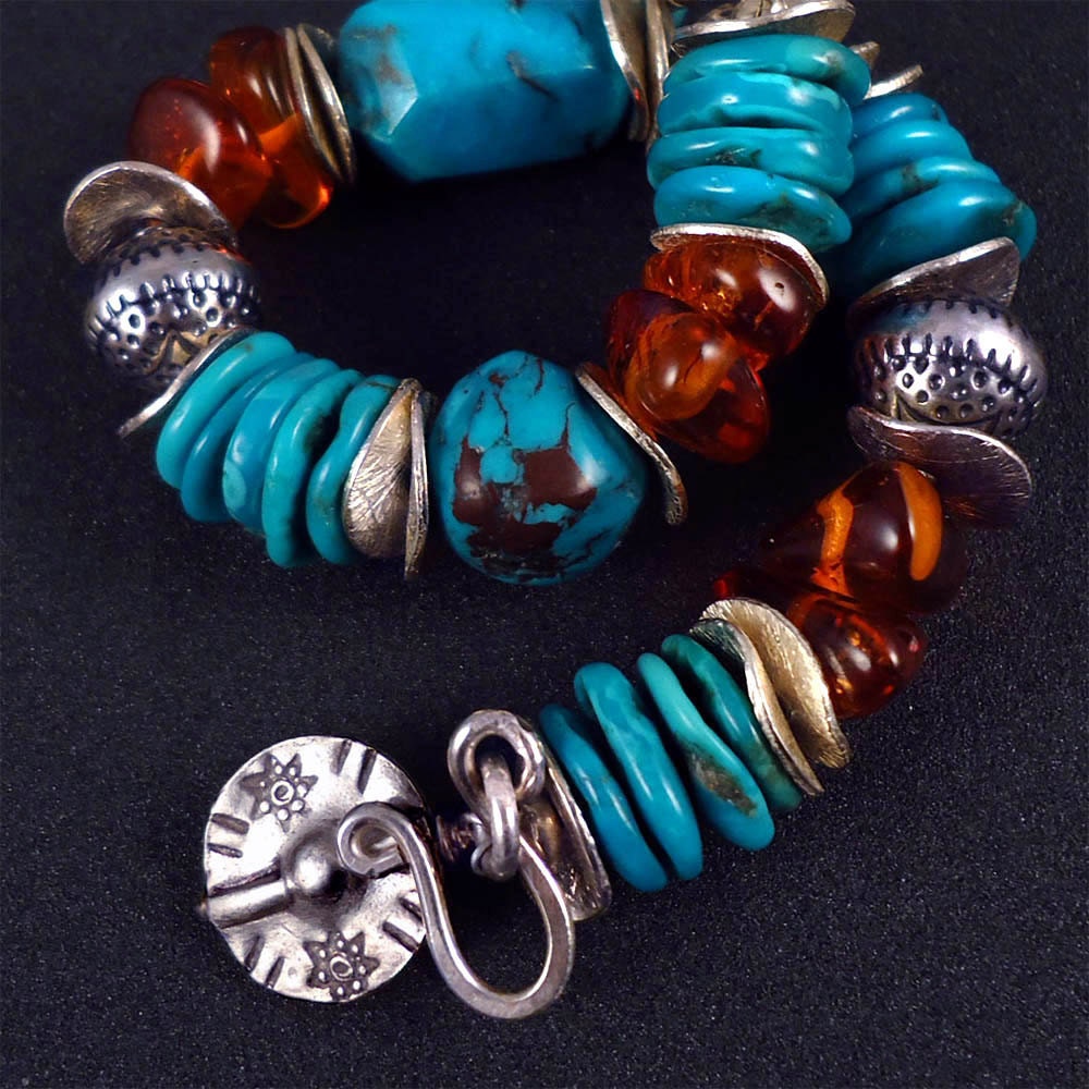 Tribal Bracelet inTurquoise, Amber and Silver - FREE shipping