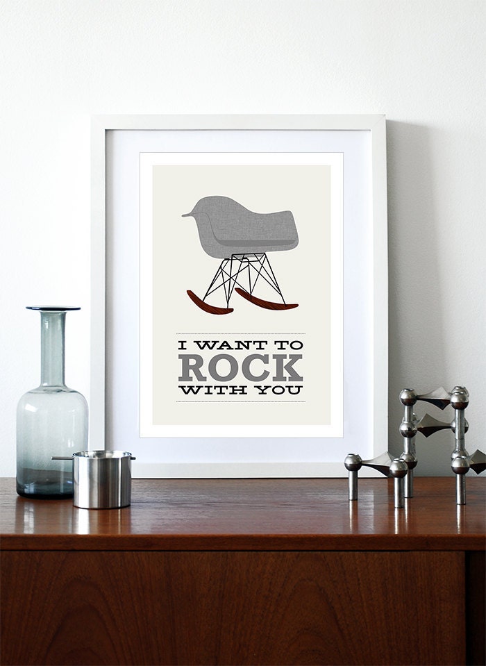 Eames poster print - I Want To Rock With You 2 Grey - A3 Herman Miller Midcentury modern chair rocker nursery