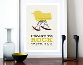 Eames poster print - I Want To Rock With You 2 Yellow - A3 Mid Century Modern chair rocker home