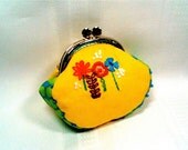 Purse for Coin Hand Embroidered in Yellow