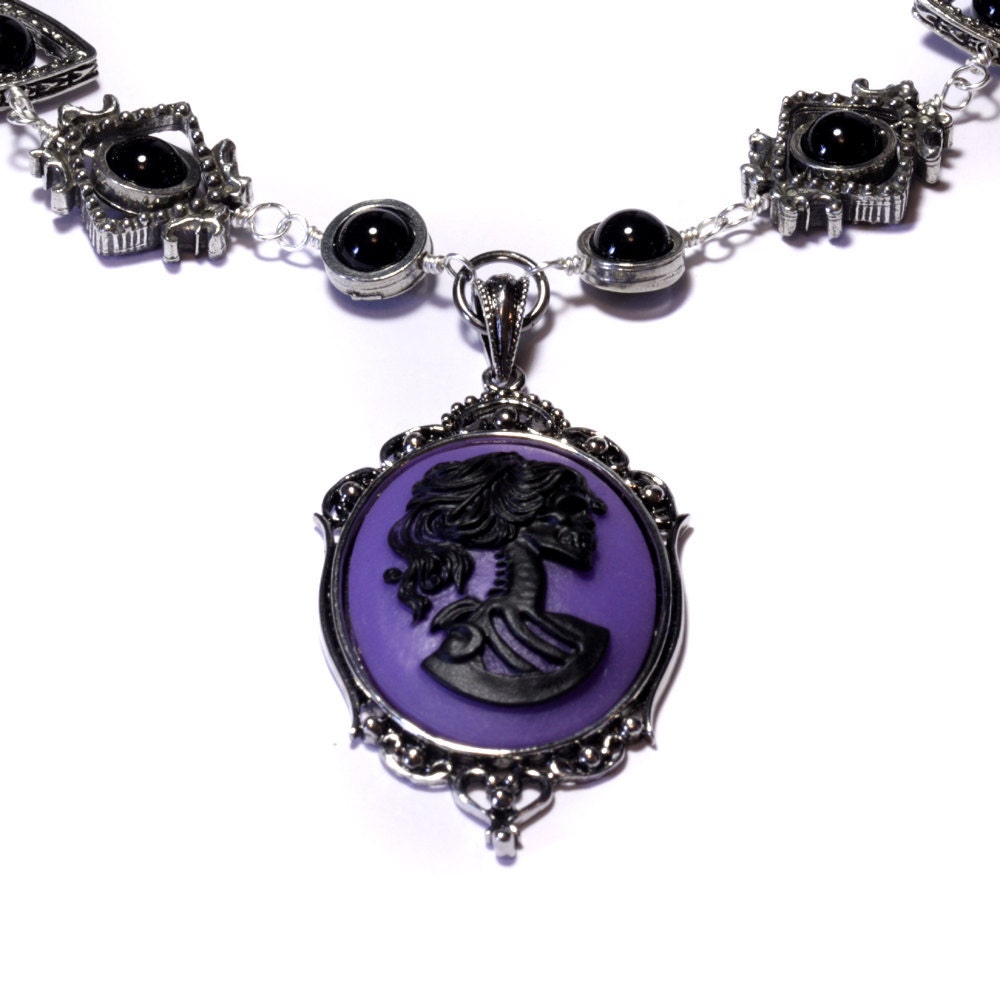SteamGoth Jewelry - Necklace - Purple and Black Skeleton Lolita portrait Cameo - Black Onyx