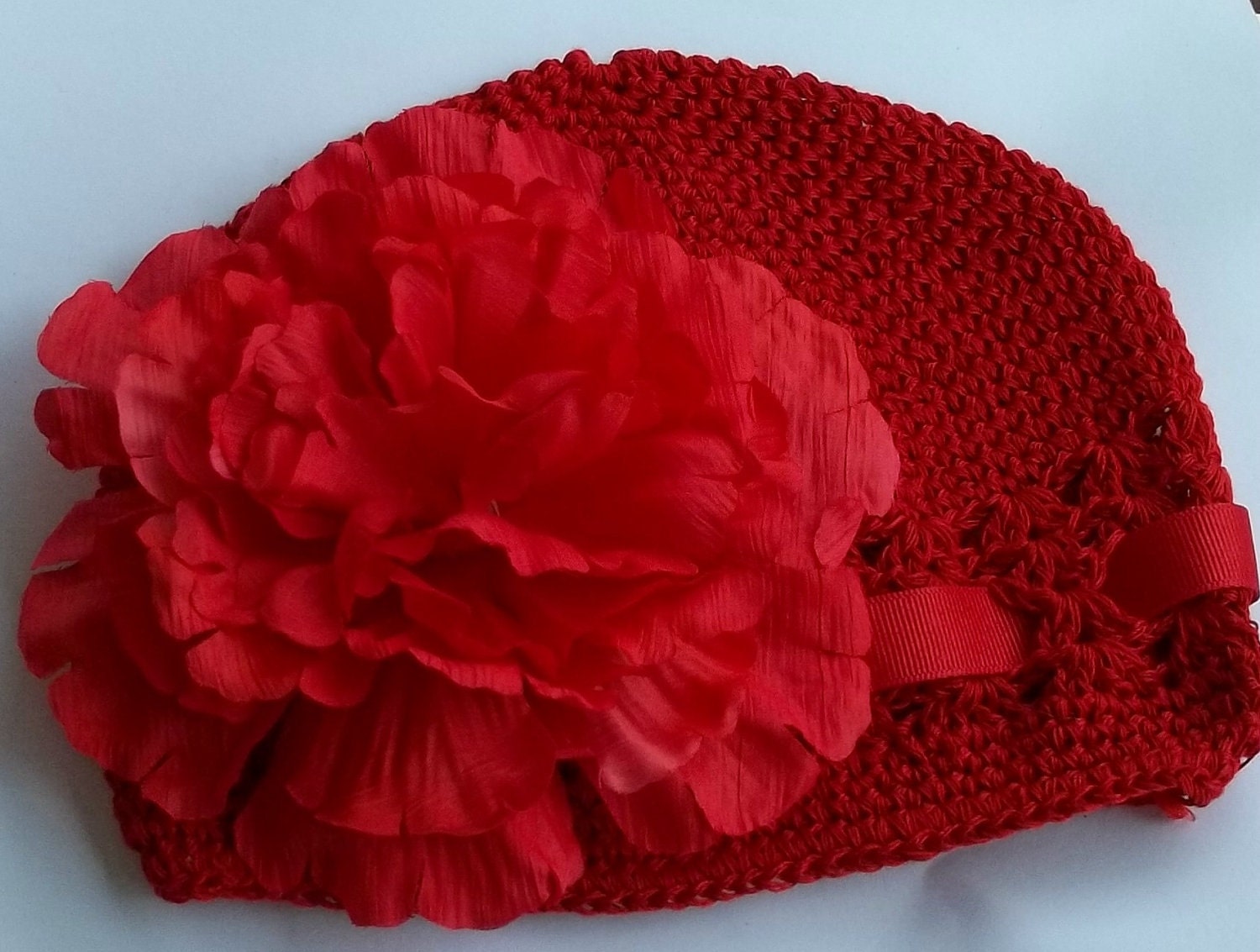RED crochet kufi hat and Peony flower clip