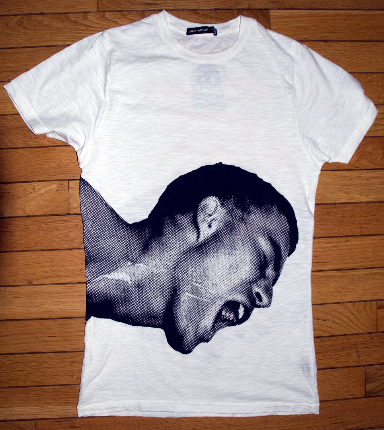 White Tee with black silkscreen image SIZE LARGE