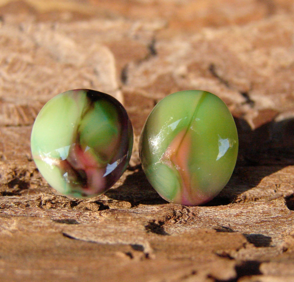 Handmade glass post earrings -marble effect with green, brown, pink